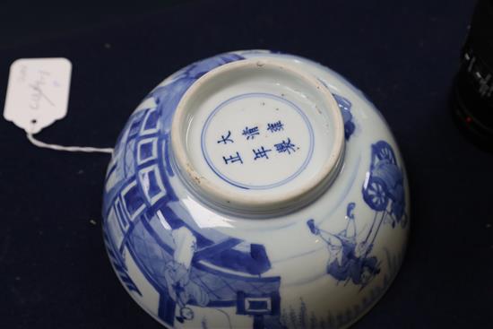 A Chinese blue and white bowl, Yongzheng six character mark and of the period (1723-35), D. 17.5cm, fritting to the rim